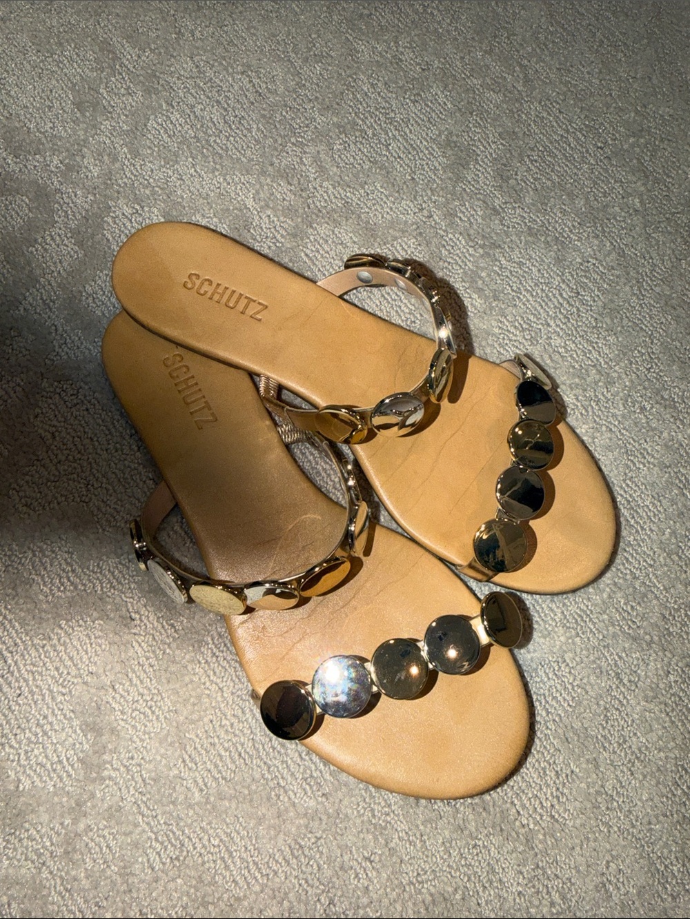 SCHUTZ Gold Leather Slide Sandals with Decorative Metallic Discs size 9